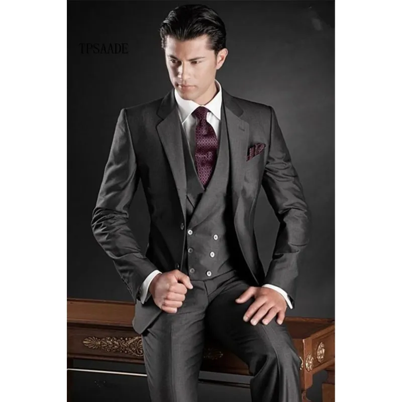 Pakaian pas badan pria, jas Formal abu-abu gelap untuk pernikahan pengantin  pria celana rompi
