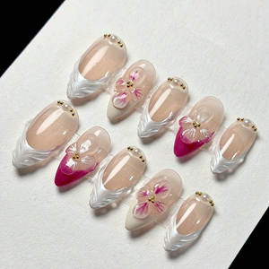 Uñas Acrílicas Francesas con Diseño de Flor 3D, Forma Almendrada Mediana, Cobertura Total, Reutilizables, Pre-Diseñadas, GZ RTS, Pedido Mixto al por Mayor - Product Image 2