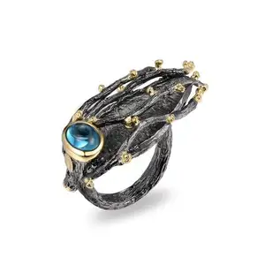 Cicada Sterling 925 Ring Gold Plated Design Moroccan Silver with Black Gemstone Rings Perfect Natural Sapphire 6 Pcs CN;GUA