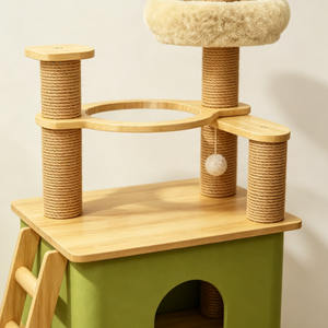 Tour à gratter pour chat en bois multi-niveaux personnalisée avec maison, échelle, perchoir en peluche – Meuble pour animaux de compagnie en gros (OEM) - Product Image 4