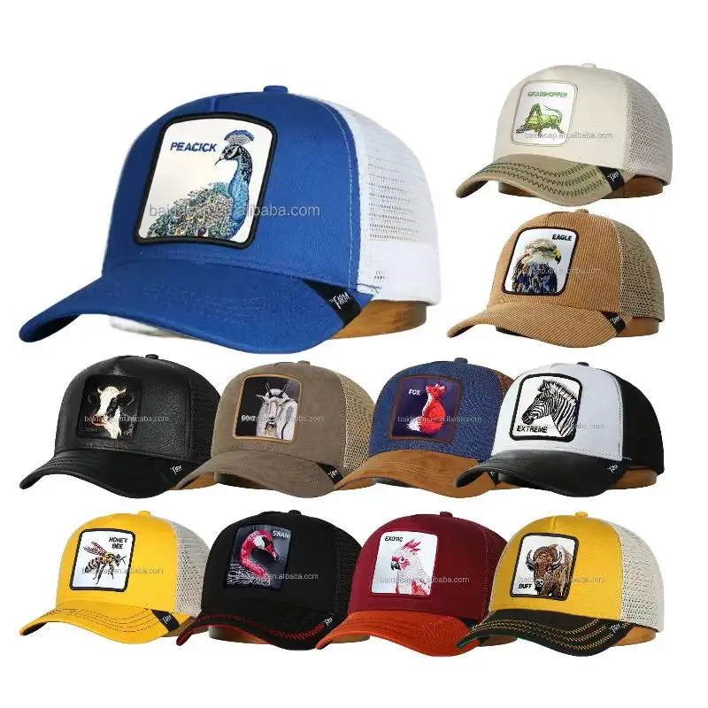 Hüte Großhandel individuelle 5-Panel-Truckmann-Gorras Stickerei Muster Tierkopf Premium Netz-Truckmann-Kopf Herren Sportkappe