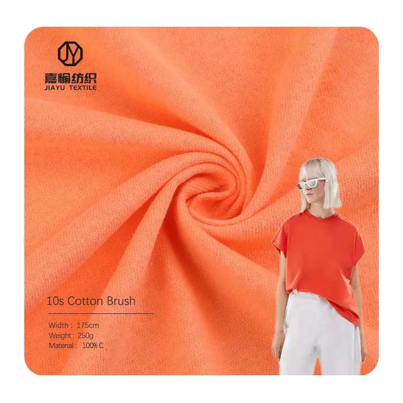 Moda 250gsm naranja 10s puro 100% algodón liso cepillo tela solo tejido Jersey camiseta tela