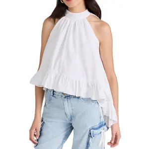 Fashion New Women Custom Sleeveless Ruffle Asymmetrical Hem Top Mock Neck With Tie At Back Top For Ladies