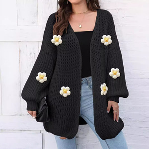 Cárdigan Floral de Punto al por Mayor, Novedad Otoño-Invierno, Estilo Europeo-Americano, Suéter Cárdigan Holgado con Flores Tejidas a Mano - Product Image 3