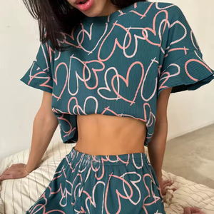 <span class=keywords><strong>Pigiama</strong></span> Estivo da <span class=keywords><strong>Donna</strong></span> con Stampa Floreale, Maniche Corte a Foglia di Loto, Collo Tondo, Pantaloncini, Set da Notte in 2 Pezzi - Product Image 5