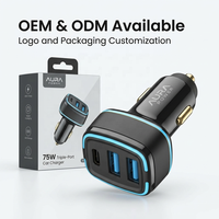 Chargeur de voiture 75W Triple PD 30W Type-C + 22.5W USB-A*2 avec anneau lumineux LED bleu glace, charge rapide et sûre, certifié FCC, OEM ODM