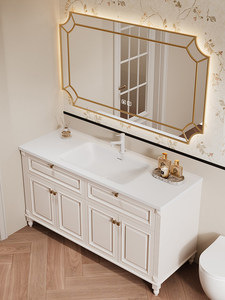 French cream wind rock board seamless ceramic basin intelligent mirror floor standing American <b>oak</b> bathroom cabinet - Product Image 4