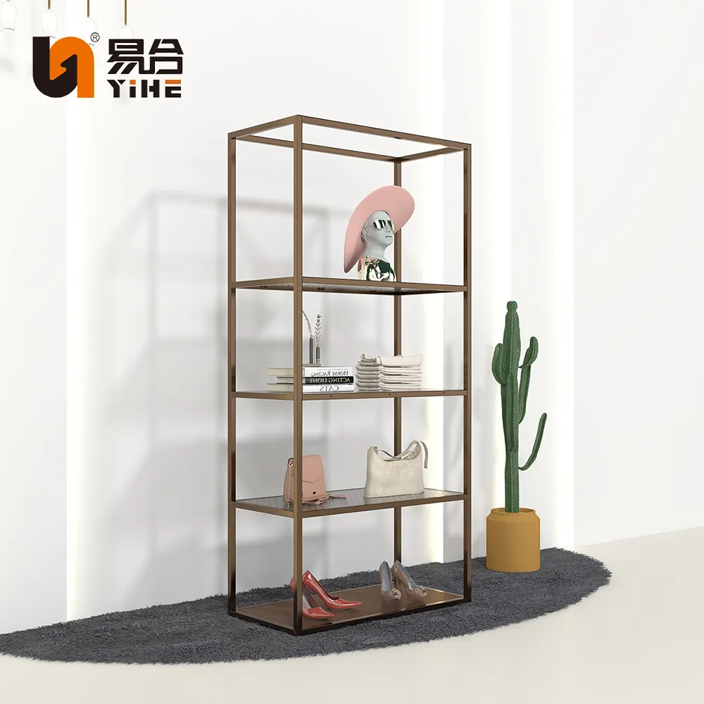Modern Furniture Metallic Retail Heavy Duty Rack Display Garment Boutique Gold Luxury Clothing Rack with Shelves
