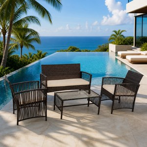 Set di Mobili da Giardino Moderni in Rattan, Divano e Poltrone in Vimini PE con Tavolo in Vetro per Bordo Piscina - Product Image 6