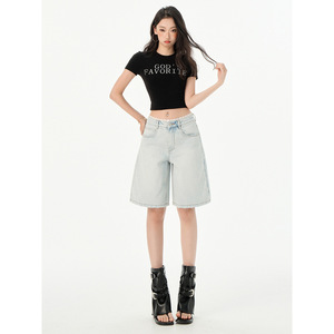 กางเกงยีนส์ขาสั้นผ้าลูกไม้สีฟ้าอ่อนเอวสูงสำหรับผู้หญิงกางเกงลำลองความยาวปานกลางไซส์ใหญ่พิเศษสำหรับฤดูร้อนของ2025 - Product Image 5