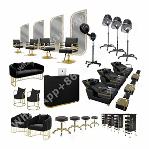 2021 Gold Black Hair Dressing Furniture Set Cheapest Beauty Salon Package For Barber Custom Chair Desk Dryer Steamer