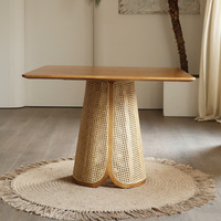 Table à manger carrée en bois massif de chêne de style nordique Wabi-Sabi, design tressé en bambou, multifonctionnelle pour la maison, le restaurant, les personnes âgées