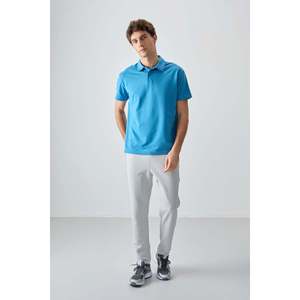 T-shirt basique pour homme en coton bleu pétrole, col polo, coupe ample, épais et doux, texturé - 88381 - Bleu pétrole - Product Image 3