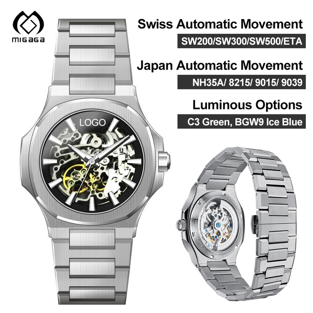 Customized Logo and Dial Water Resistant Round Case Fashion Stainless Steel Band Automatic Mechanical Watch