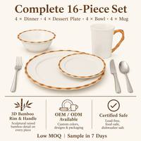 Service de table 16 pièces en porcelaine New Bone China avec rebord en bambou 3D en relief, texture réaliste, durable, assiettes, bols, tasses, compatible micro-ondes