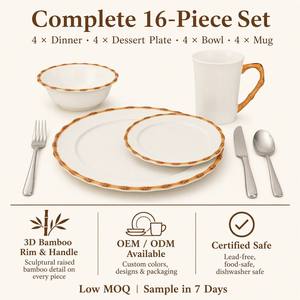 Service de table 16 pièces <span class=keywords><strong>en</strong></span> porcelaine New Bone China avec rebord <span class=keywords><strong>en</strong></span> <span class=keywords><strong>bambou</strong></span> 3D <span class=keywords><strong>en</strong></span> relief, texture réaliste, <span class=keywords><strong>assiettes</strong></span>, bols et tasses pour repas asiatiques - Product Image 6