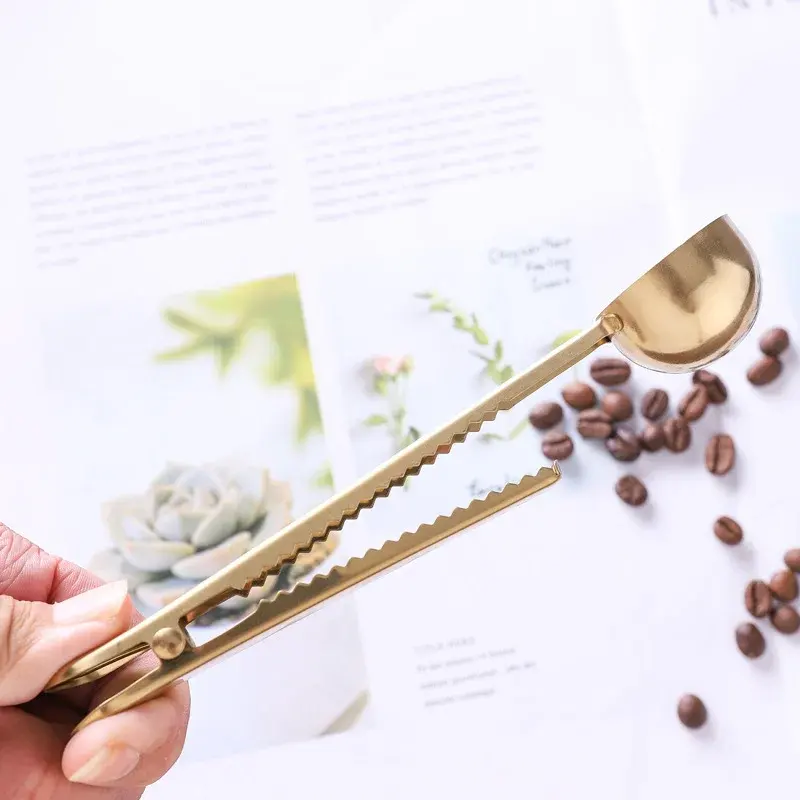Multifunctional Two-in-one Stainless Steel Coffee Spoon Snack bag Sealing Clip Kitchen Gold Accessories Cafe Decoration