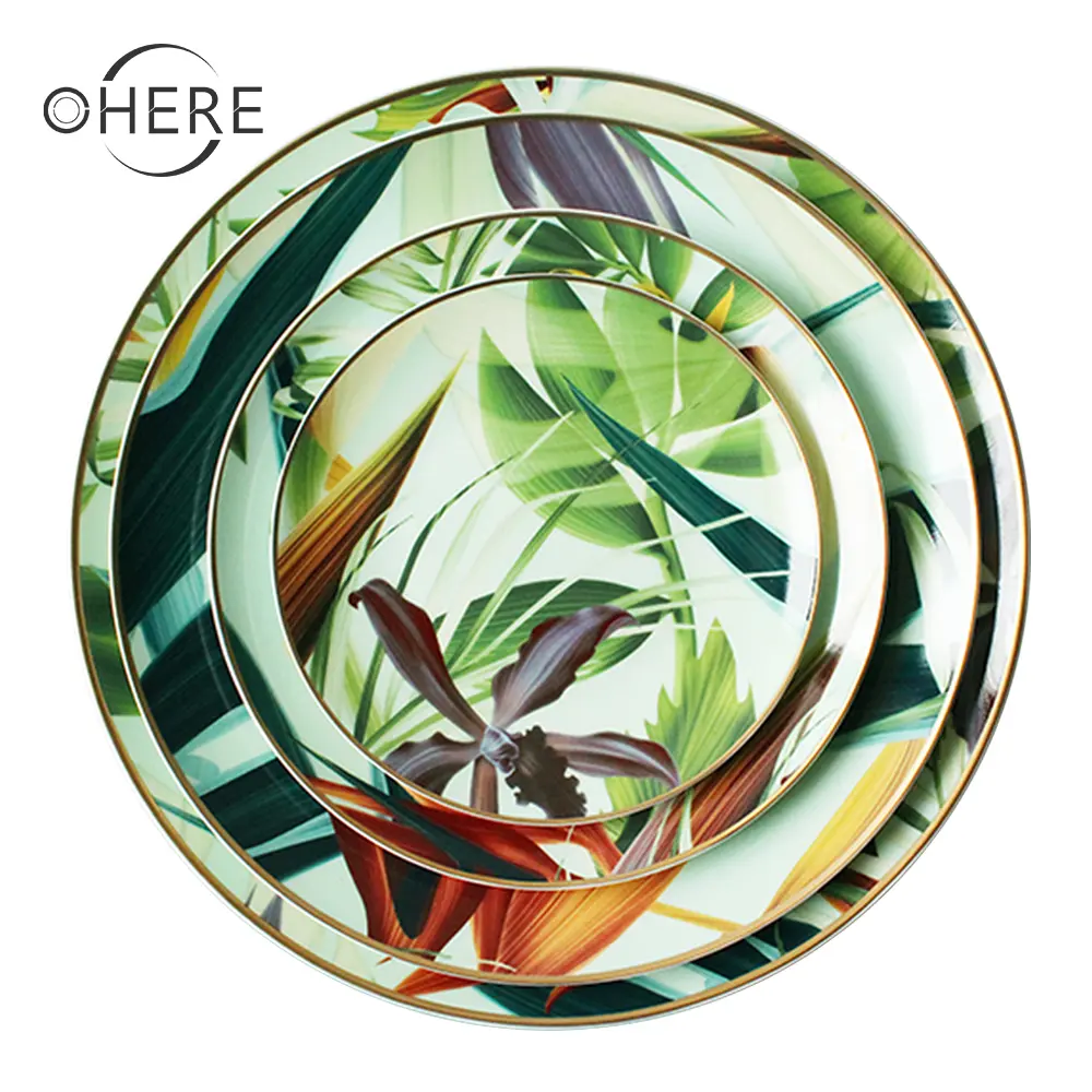 Ohere Bone China 식기 세트 4pcs 플레이트 세트 상록수 숲 세라믹 식기 웨딩 충전기 플레이트 이벤트 및 요식업