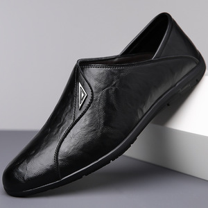 Mocasines de Cuero para Hombre, Negros, Sin Cordones, Suela Suave, Zapatos Casuales para Conducir, Estilo Juvenil - Product Image 1