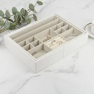 White Leather Jewelry Tray Display Without Cover With Pull-out Ends And Many Compartments