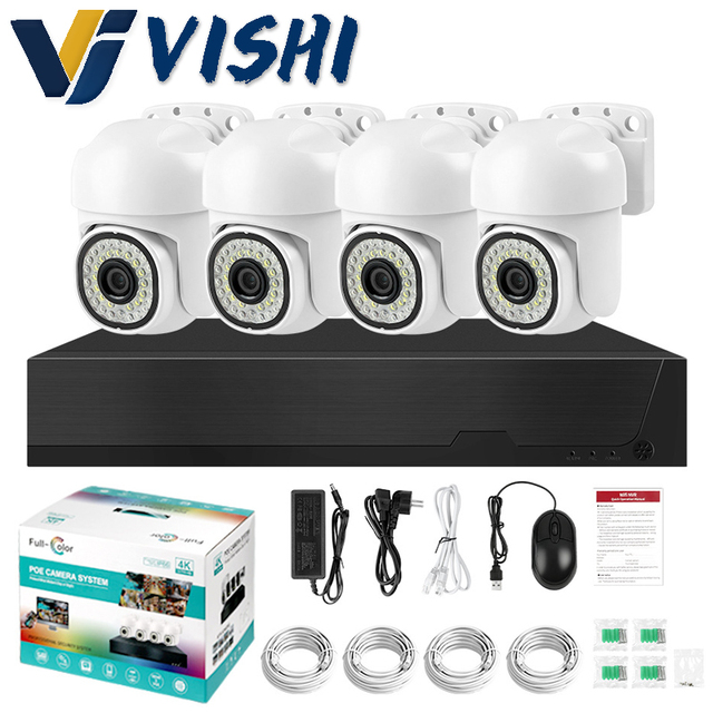 Vishi 4-Channel POE Surveillance Camera Kit Home Use Outdoor Waterproof Network Wireless Dome Camera HD Night Vision Monitor