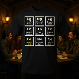 T-shirt promotionnel de jeu de rôle sur le thème de l'alignement malveillant et légitime - Product Image 3
