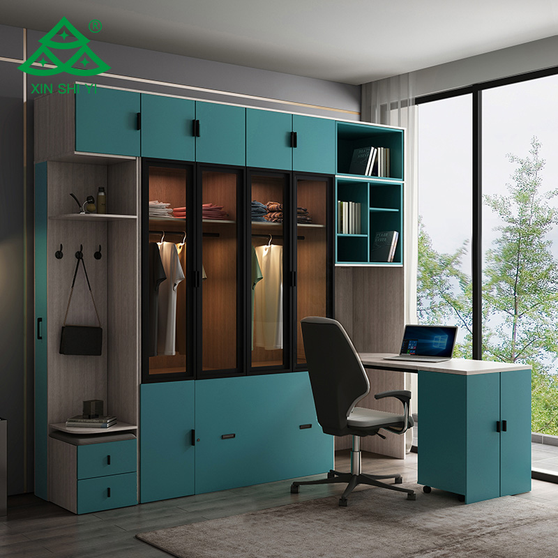 Легкая Роскошная секционная мебель для спальни, компактный раздвижной шкаф для хранения с 4 стеклянными дверцами/настенный шкаф с кроватью и столом