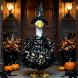 Costume de sorcière pour oie de porche d'Halloween avec imprimé crâne, vêtements de cosplay pour statue de jardin de 23 pouces, décoration de fête, tenues pour oie de porche - Product Image 1