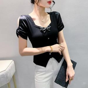 Nouveau T-<span class=keywords><strong>shirt</strong></span> <span class=keywords><strong>chic</strong></span> pour <span class=keywords><strong>femme</strong></span>, design <span class=keywords><strong>original</strong></span>, épaules dénudées, manches courtes, avec nœud et boucle, tendance et élégant pour l'été - Product Image 6