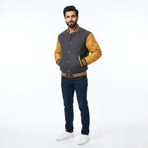 Wholesale Custom Made FINER THREADS Men's Winter Casual Varsity Jacket Stand Collar <b>Covered</b> <b>Button</b> Closure Embroidery Logo - Product Image 1