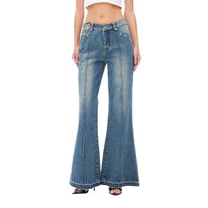 Pantalons en jean vintage personnalisés pour femmes, nouvelle mode, bleu évasé, délavé, 100% coton, jeans pour femmes - Product Image 1