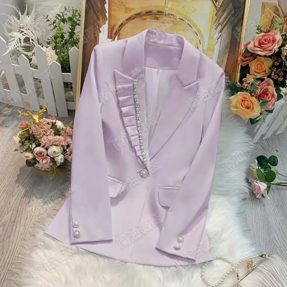 Hot Sale Suit Jacket for Women 2022 Spring Summer New Beaded Diamond White Blazer Female Long Sleeve Business Suit