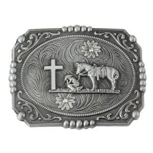 Wholesale Western Zinc Alloy Stainless Belt Buckle Moranse Religion Cross Cowboy Kneeling Prayer And Horse Design Belt Buckles