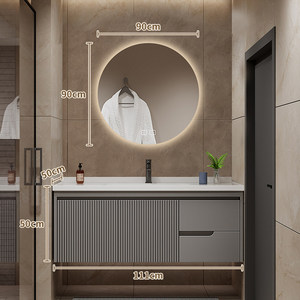 Modern Oak Lacquered Ceramic Integrated Basin Smart <b>Lighting</b> Mirror Wall-Mounted Bathroom <b>Vanity</b> - Product Image 6