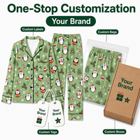 Ensemble de pyjama personnalisé en polyester vert sauge à col cranté motif pingouin de Noël pour femme, POD MOQ 1PC, Dropshipping