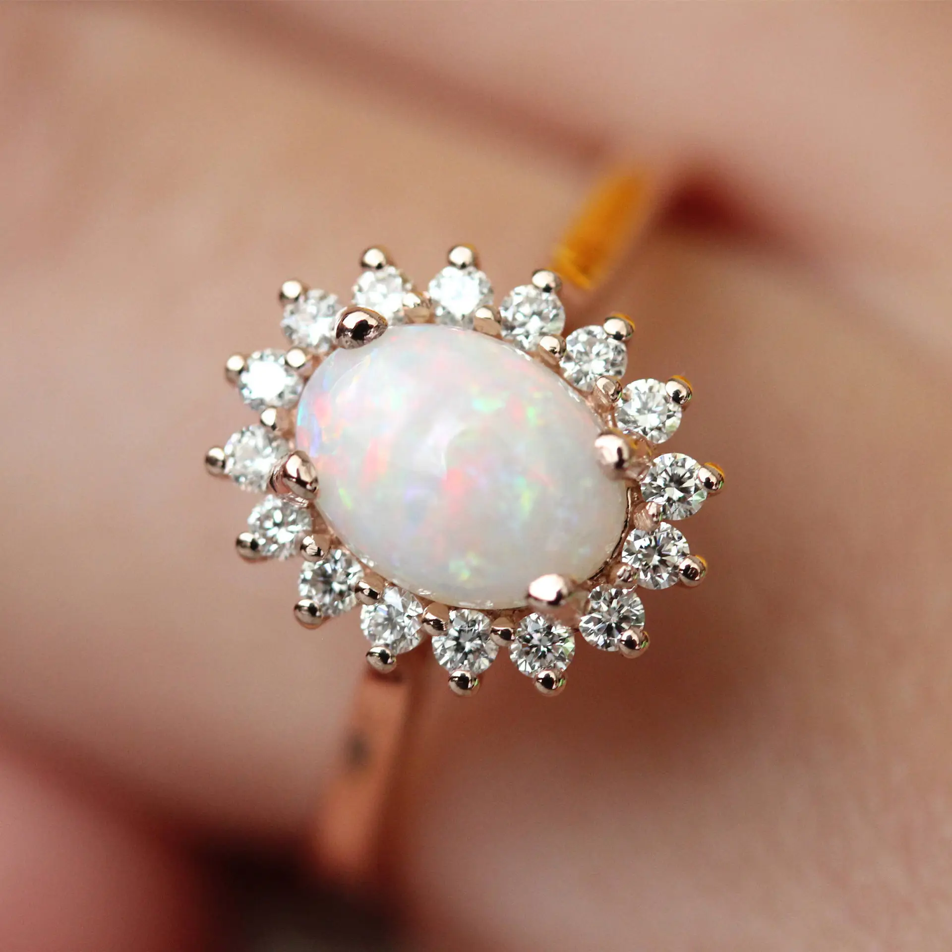 Verkauf neu eiförmig opal tropfenförmig Messingring rosa vergoldet strass-blume metall stilvolle schmuck hochzeit partys geschenk