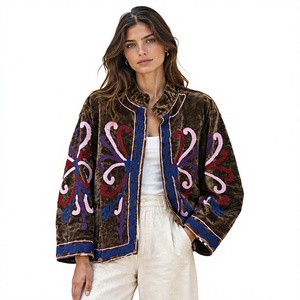 Chaqueta de Terciopelo Marrón para Mujer, Bordada con Flores, Estilo Y2K, Cuello Camisero, Abrigo de Otoño para Mujer, Abrigo de Terciopelo Marrón - Product Image 1