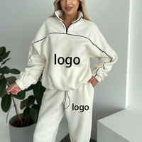 Ensemble de survêtement décontracté 2 pièces en polaire blanche pour femme avec logo personnalisé, haut demi-zip et pantalon de jogging, OEM ODM Vente en gros