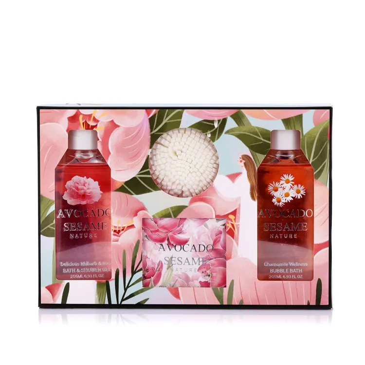 Hot sale flower design mother day gift 205ml shower gel bubble bath 50g soap bar spa gift set with paper box