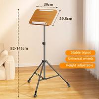 PJS02 Trépied mobile réglable avec roulettes, hauteur 82-145 cm, roulettes verrouillables et plateau en bois pour ordinateur portable et projecteur