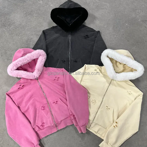 Hochwertige benutzer definierte bestickte Winter Zip Jacke Distressed Cropped Zipup Hoodies Schwere Unisex Pelzmütze Ripped Zip Up <span class=keywords><strong>Hoodie</strong></span> - Product Image 1