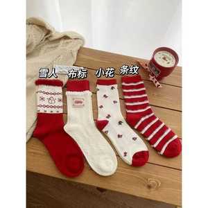 Japanese Style Christmas Fleece <b>Socks</b> Mid Calf <b>Wool</b> Warmth Autumn Winter Red Snowman Pattern - Product Image 3