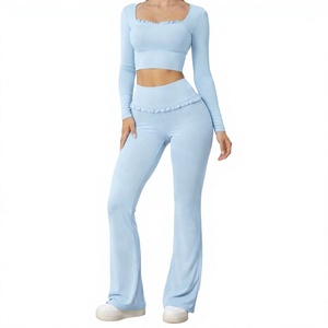 Women Seamless Yoga Set Square Neck Long Sleeve Sports Bra High Waist <b>Flare</b> <b>Leggings</b> Activewear - Product Image 4