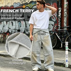 Pantalon de survêtement déchiré et vieilli pour homme RAMAX, en molleton épais, avec cordon de serrage à la taille, style streetwear, personnalisable OEM - Product Image 1