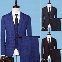 Setelan Bisnis Trendy Y7307 untuk Pria, Jaket Satu Kancing Motif Kotak-kotak + Rompi + Celana, 3 Potong, untuk Pesta Formal & Pernikahan