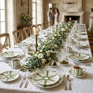 Juego de Vajilla de Porcelana Verde Mediterránea, Plato de Cerámica Pintado a Mano con Rayas, Taza de Café de Porcelana, Tazón para Bodas - Product Image 2