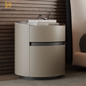 Italian Designer <strong>Bedside</strong> <strong>Table</strong> in <strong>Minimalist</strong> Style Luxury Modern Saddle Leather Storage with Solid Wood Bedroom Furniture - Product Image 3