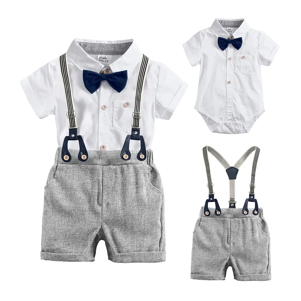 European and American boys' white romper suspenders bow tie three piece baby creep suit baby gentleman suit