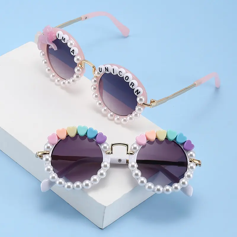Kacamata hitam bingkai penuh bulat DIY kreatif untuk anak perempuan anak-anak modis lensa biru UV/cokelat desain cantik
