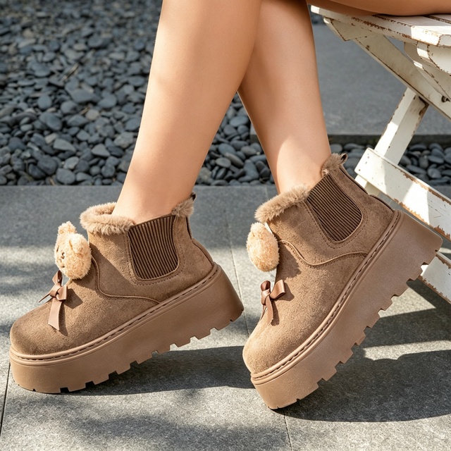 Womens Minimal Fluffy Fleece Collar Slip on Elastic Gore Short Snow Boots Lightweight Casual Footwear